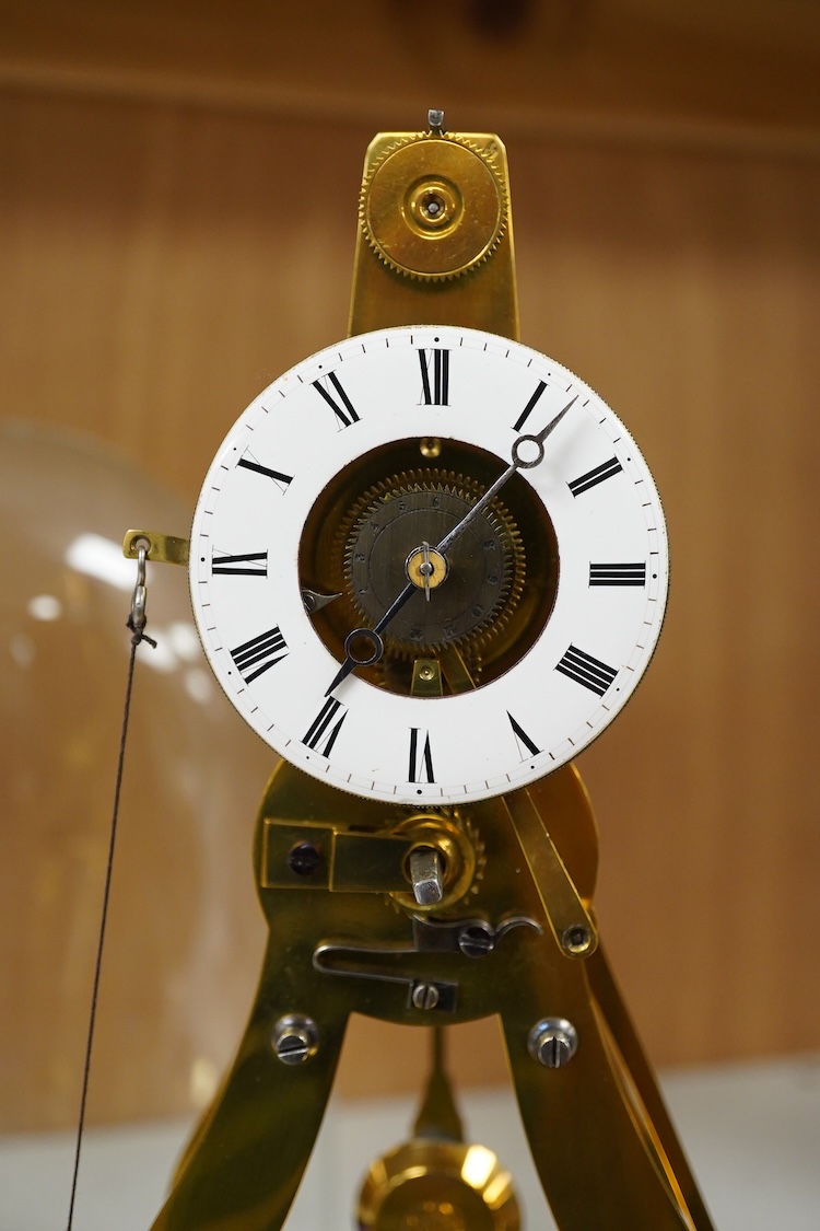 A late 19th century French eight day skeleton timepiece with alarm under glass dome, stamped 'Ms Honorables Exp. Paris Londres' with key
